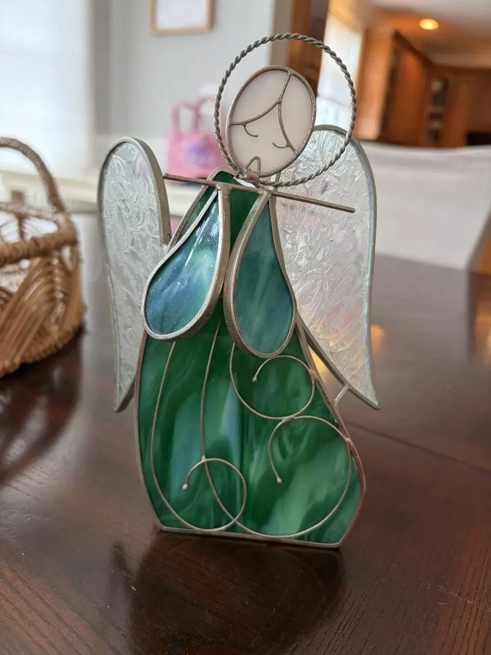 Vintage Stained Glass votive Candle Holder Green & White Angel with Wings. EUC